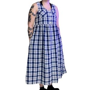 Vintage 90s Grunge Navy & White Tartan Plaid Maxi Dress